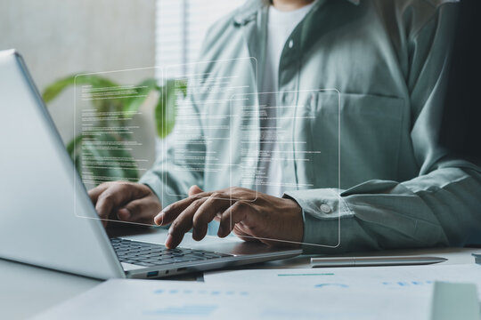 Business professional typing document on laptop with digital workflow interface overlay, representing draft stage of document creation process, data input, report writing, modern corporate workflow