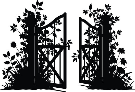 Garden gate open with plants and flowers, entry, nature passage, welcoming