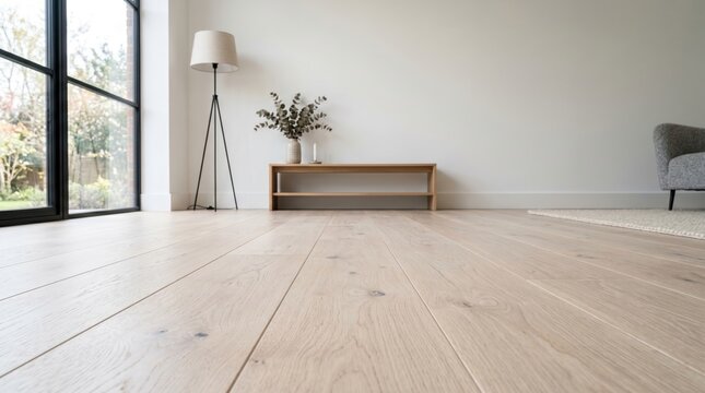 A serene interior scene featuring a stylish lamp, a plant on a wooden console table, and a comfortable chair in a modern room with large windows and light-colored wooden flooring.