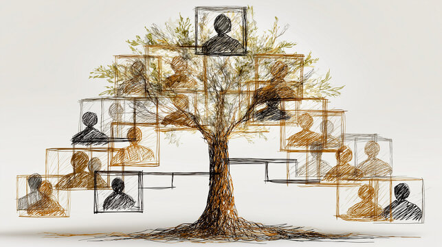Ancestral Tree of Life: A meticulously drawn family tree illustration, resembling an ancient tree with roots spreading wide, depicts generations of ancestors within framed portraits.