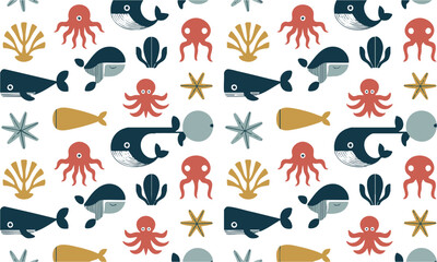 Ocean marine seamless pattern vector with fish coral whale octopus underwater elements design. © TrustMaker Design