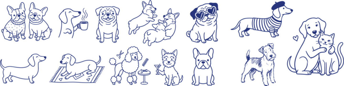 A charming collection of hand-drawn dog breed icons featuring pugs, corgis, and dachshunds in a playful blue line art style for pet lovers.