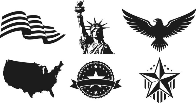 Patriotic icons collection featuring statue of liberty eagle and usa map vector illustration.