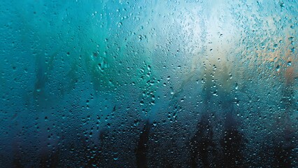 Blue rain drops on window glass with abstract ocean water texture and nature light reflections © Idrees