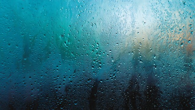 Blue rain drops on window glass with abstract ocean water texture and nature light reflections