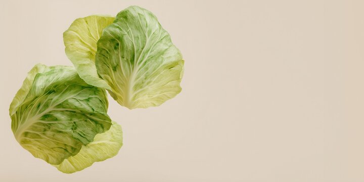 Floating cabbage leaves isolated on a soft beige background, minimalist  healthy food concept, free space for text
