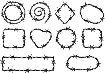 Fototapeta premium Retro grunge halftone vector barbed wire frames set in dotted transparent style