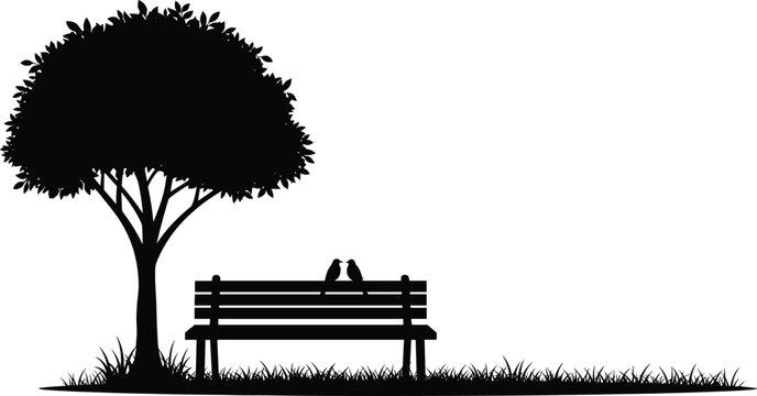 Silhouette of two birds sitting on park bench under tree, tranquil outdoor scene