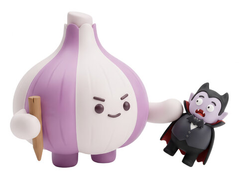 Cute cartoon garlic holding a wooden stake and a scared vampire isolated on transparent background