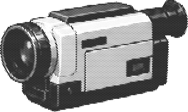 Retro halftone grunge vector image of a dotted camcorder on transparent background
