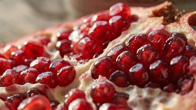 Close-Up Macro Shot of Juicy Pomegranate Seeds on a Wooden Surface