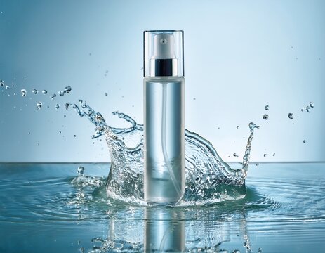 transparent spray bottle mockup with chrome cap in clear water splash effect product shot for cosmetic and hygiene product advertising