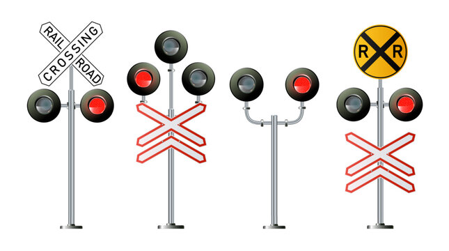 Railroad barrier gate with warning light at level crossing. Vector illustration of railway safety sign and guard system for train traffic control and transport security