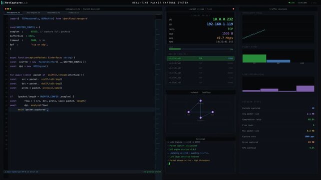 Network Packet Capture System Interface Displaying Realtime Data and Cybersecurity Analysis for It Professionals and Developers