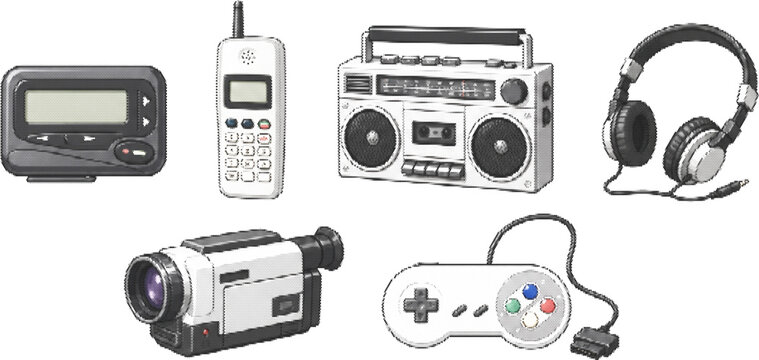 Retro halftone vector set: dotted grunge transparent devices - pager, phone, boombox, headphones, camcorder, game controller