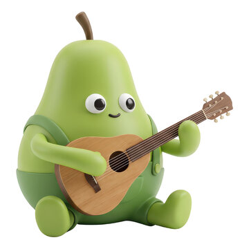 Green cartoon pear character playing acoustic guitar isolated on transparent background