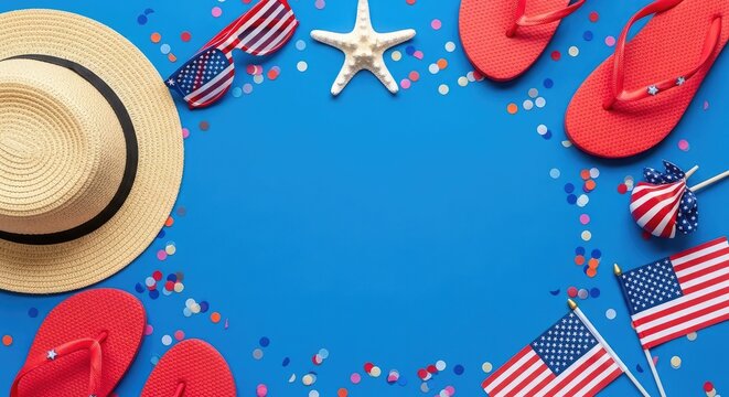 Celebrate american independence day festive summer layout with flags beach essentials and patriotic decor