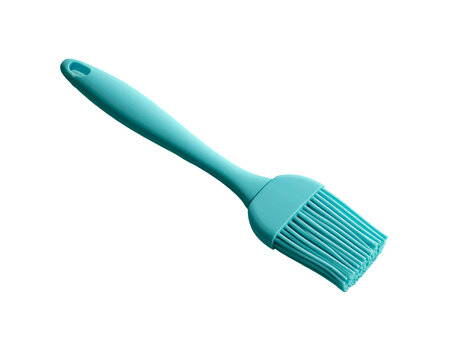 A teal silicone basting brush angled slightly, showing bristles and handle