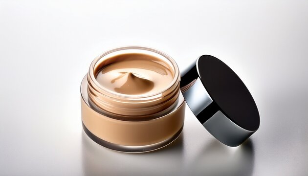 tan cream foundation in open container with lid against edge on white backdrop for beauty product marketing stock photograph