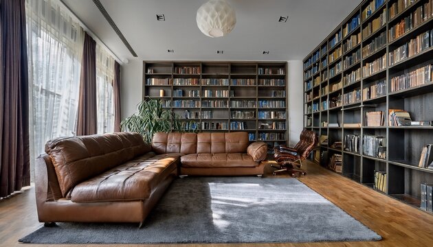 modern library interior with leather sofa and bookshelves