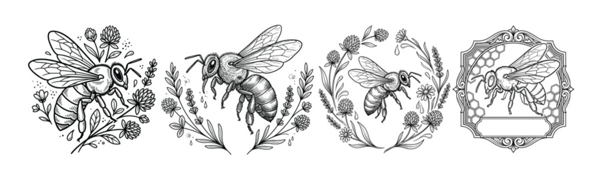 Hand drawn honey bee illustration set with blooming wildflowers, ribbon banners, floral wreaths and vintage botanical line art for labels