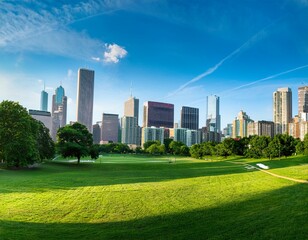 Obraz premium panorama of a green neighborhood in chicago illinois us with a skyline of majestic skyscrapers in the background