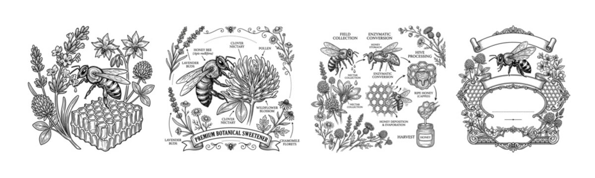 Vintage honey bee botanical label collection with ornate floral frames, raw honey banner, wreaths, decorative borders and hand drawn engraving vector set
