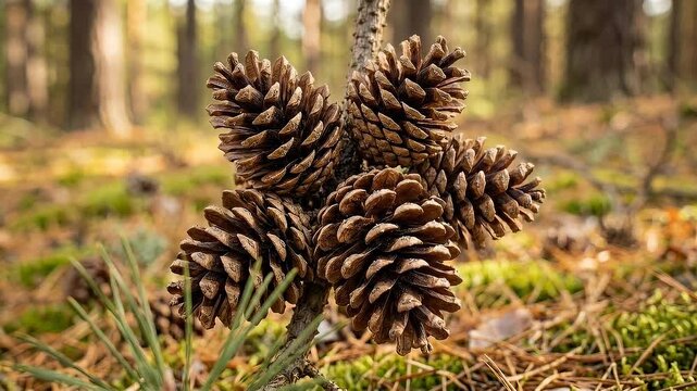 Cluster of Pine Cones Growing on a Tree Branch in a Forest Setting
