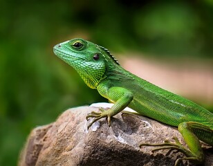 Fototapeta premium close up of a green lizard perched on a rock with a blurred natural background