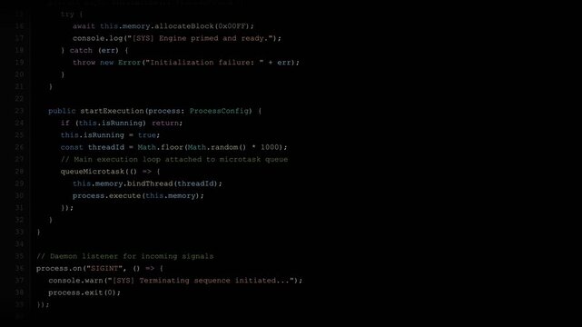 Programming Code Scrolling on Dark Interface Display for Software Development and Modern Digital Technology Solutions