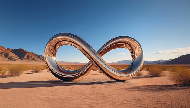the infinite loop sculpture in nevada s desert a striking metal infinity symbol sculpture stands boldly against the vast desert landscape under a clear sky