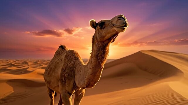 Majestic Camel Standing on Sand Dune During Golden Hour Sunset in Desert Landscape