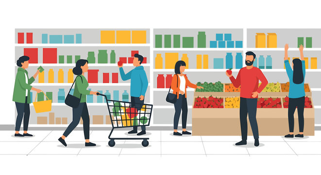 Diverse group of people shopping for fresh produce and groceries in a brightly lit supermarket aisle with shelves stocked with colorful items.