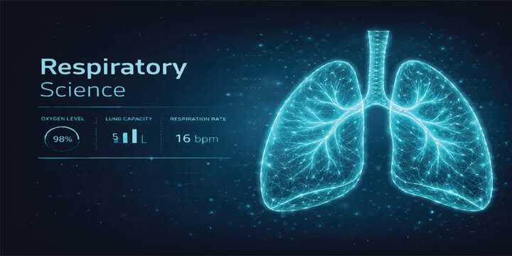 Respiratory Science Dashboard with Glowing Digital Lungs and Medical Data Visualization