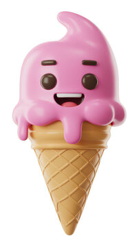 Cute melting pink ice cream cone with a smiling face isolated on transparent background