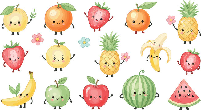 Cute Kawaii Fruit Characters Collection Featuring Apple, Banana, Pineapple, Strawberry, Watermelon and Citrus Cartoon Food Mascots Vector Illustration Set