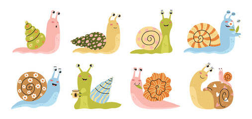 A set of cute snail clipart with colorful shells on a white background. Vector cartoon illustration. © JuulDu
