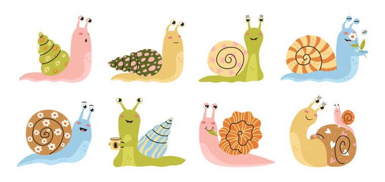 A set of cute snail clipart with colorful shells on a white background. Vector cartoon illustration.