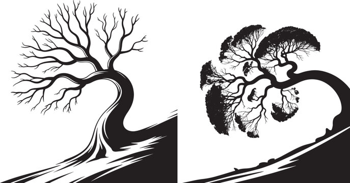 Stylized silhouette of two bonsai trees on a slope with black and white silhouette stylized minimalist decoration illustration