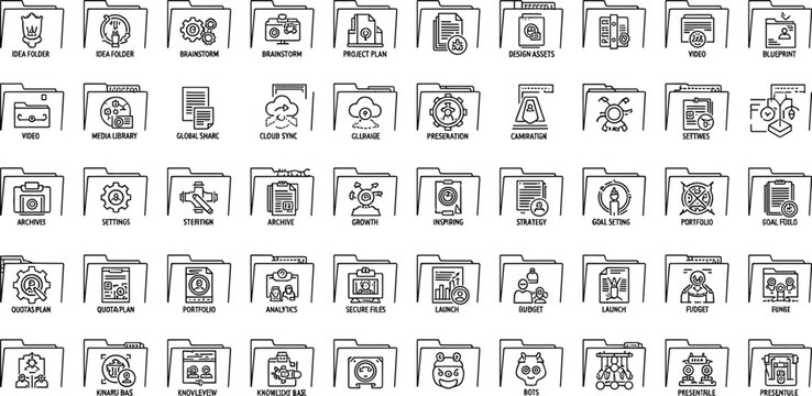Business and Project Management Icons Set, Featuring Folders with Files, Data, and Organizational Tools