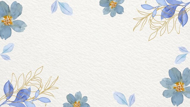 Watercolor floral background template with blue flowers, gold leaves and copy space on paper texture for creating greeting cards, cosmetic brand banners, gift certificates and wedding invitations.