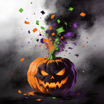 Evil pumpkin with smoke and confetti, Halloween background.