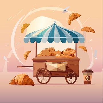 Illustration of a delightful street cart filled with freshly baked pastries and croissants