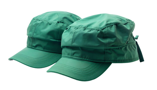 Two identical green hats, nylon-like, with visors and structured tops, isolated on black