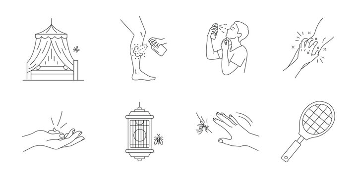 Mosquito protection and insect repellent thin line icon set. Editable stroke. Vector illustration.