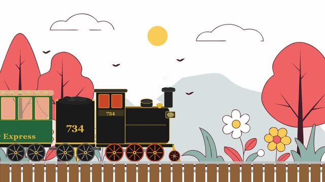 A colorful cartoon steam train named Explorer Express with black locomotive numbered 734 and green passenger car travels on tracks during a sunny day with red trees and flowers.