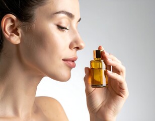 Fototapeta premium A woman with her eyes closed gently inhales from a small amber-colored glass bottle, showcasing a skincare product