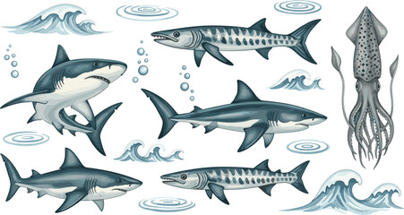 Obraz premium Ocean Predators Collection Featuring Sharks, Barracuda and Squid with Waves and Water Elements Detailed Marine Wildlife Vector Illustration Set
