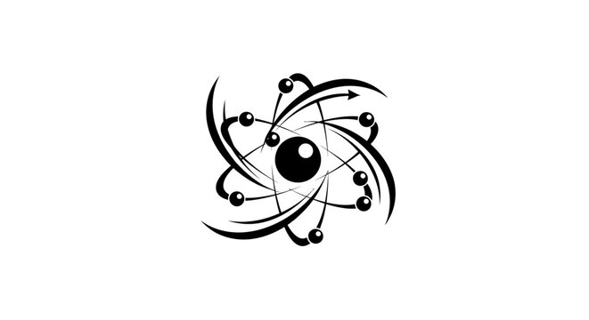 Black minimalist atom icon with orbital paths and electrons