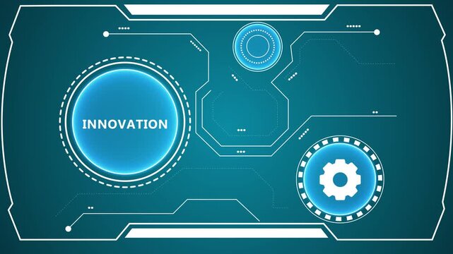Futuristic digital interface with glowing circles, gear icon, and the word innovation, representing technology, development, and modern business concepts.
